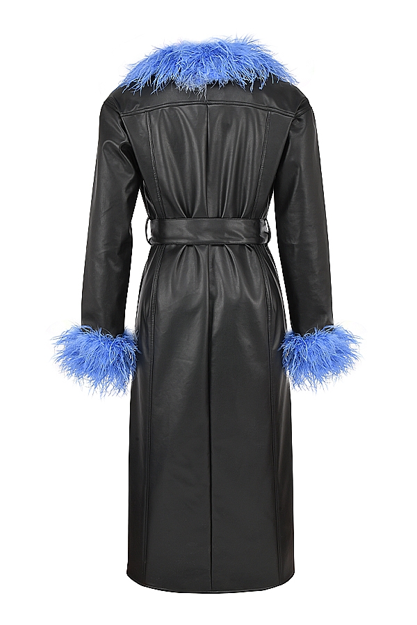 Calista  Black Vegan Leather Belted Feather Trim Maxi Coat — image 11