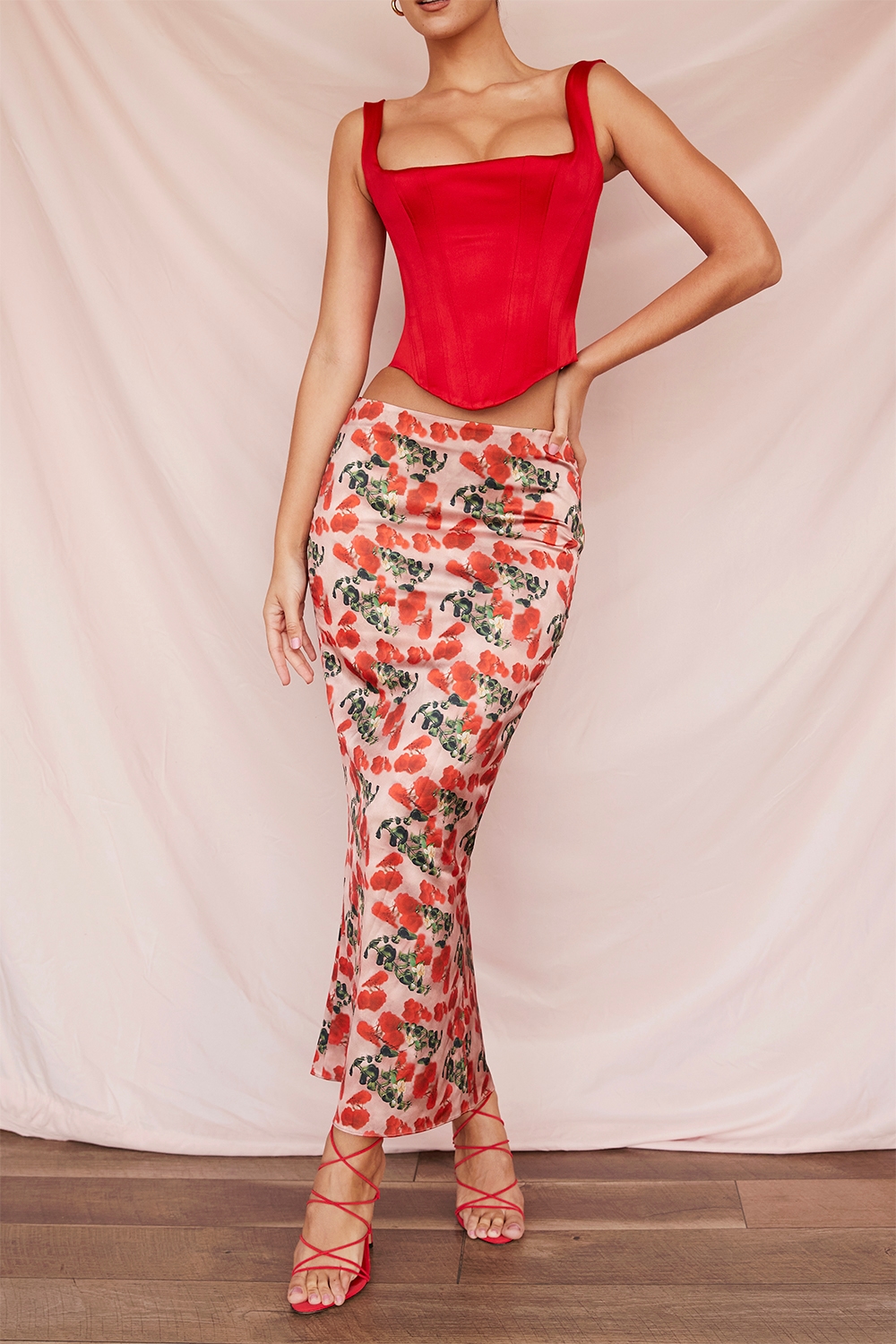 Luisette  Rose Print Satin Midi Skirt — image 1