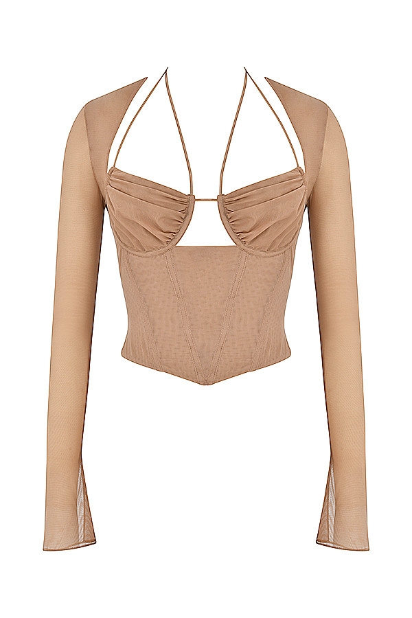 Sweet Mistress Rocks  Camel Mesh Long Sleeve Corset - SALE — image 3