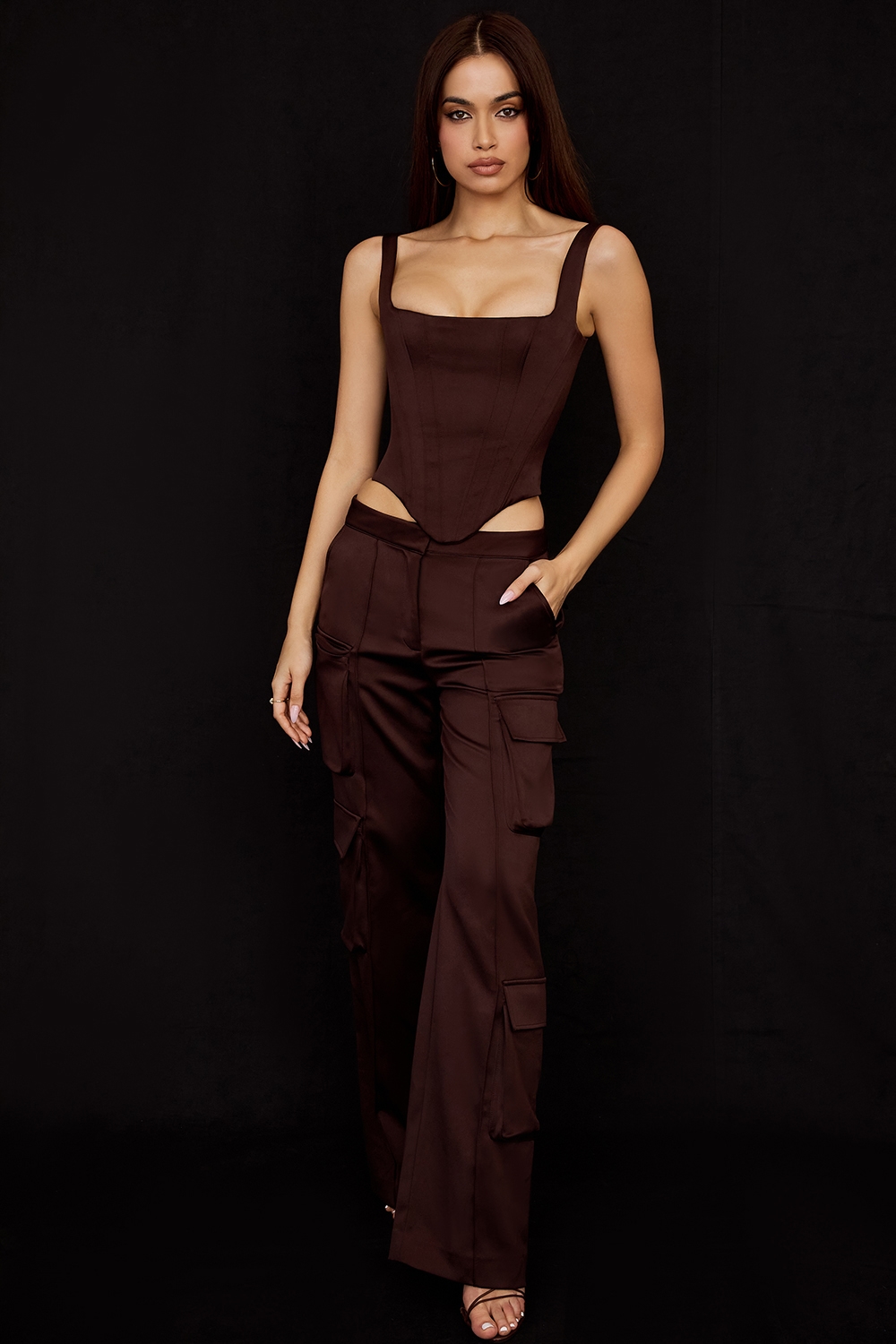 Daria  Chocolate Satin Cargo Trousers — image 3