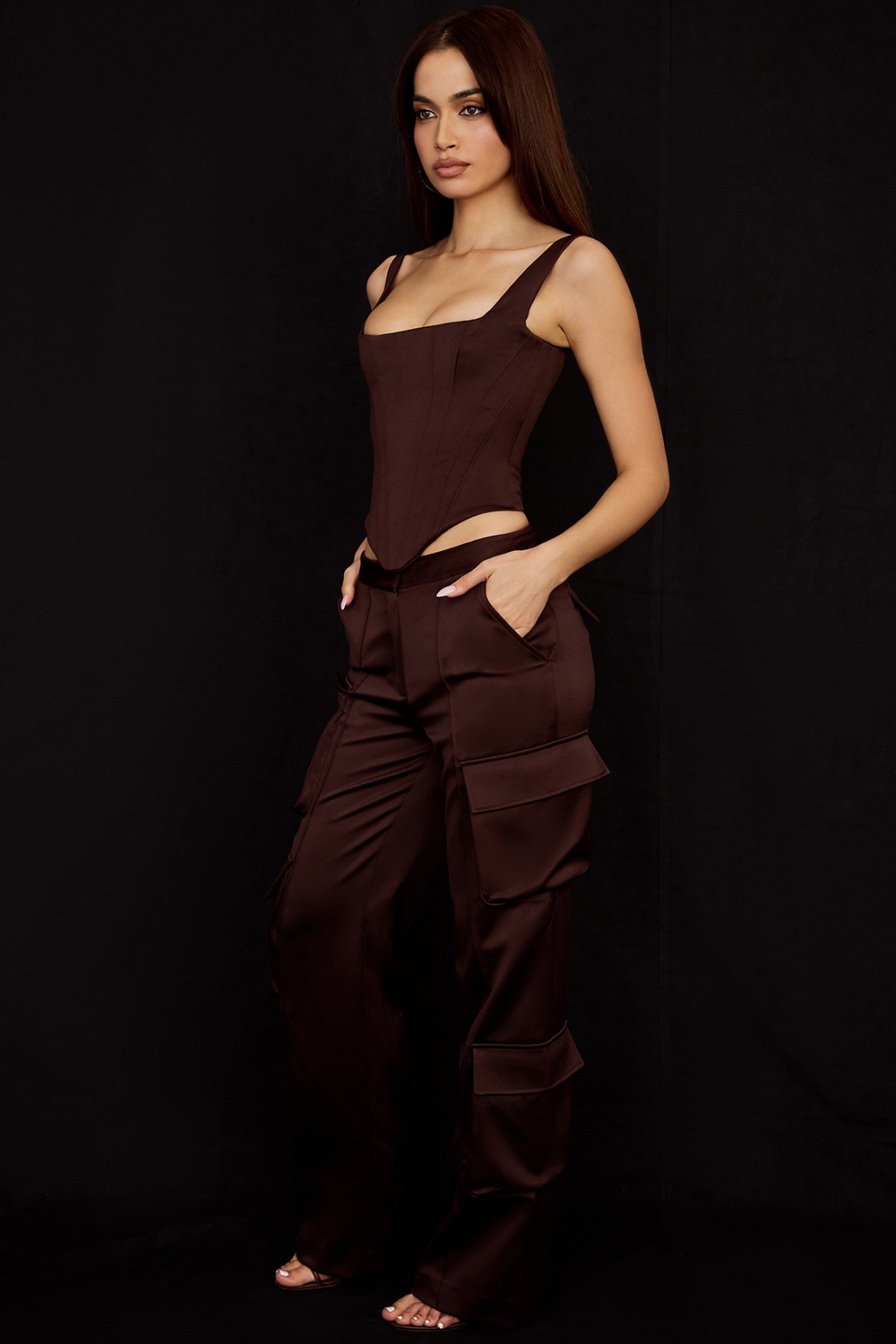 Daria  Chocolate Satin Cargo Trousers — image 5
