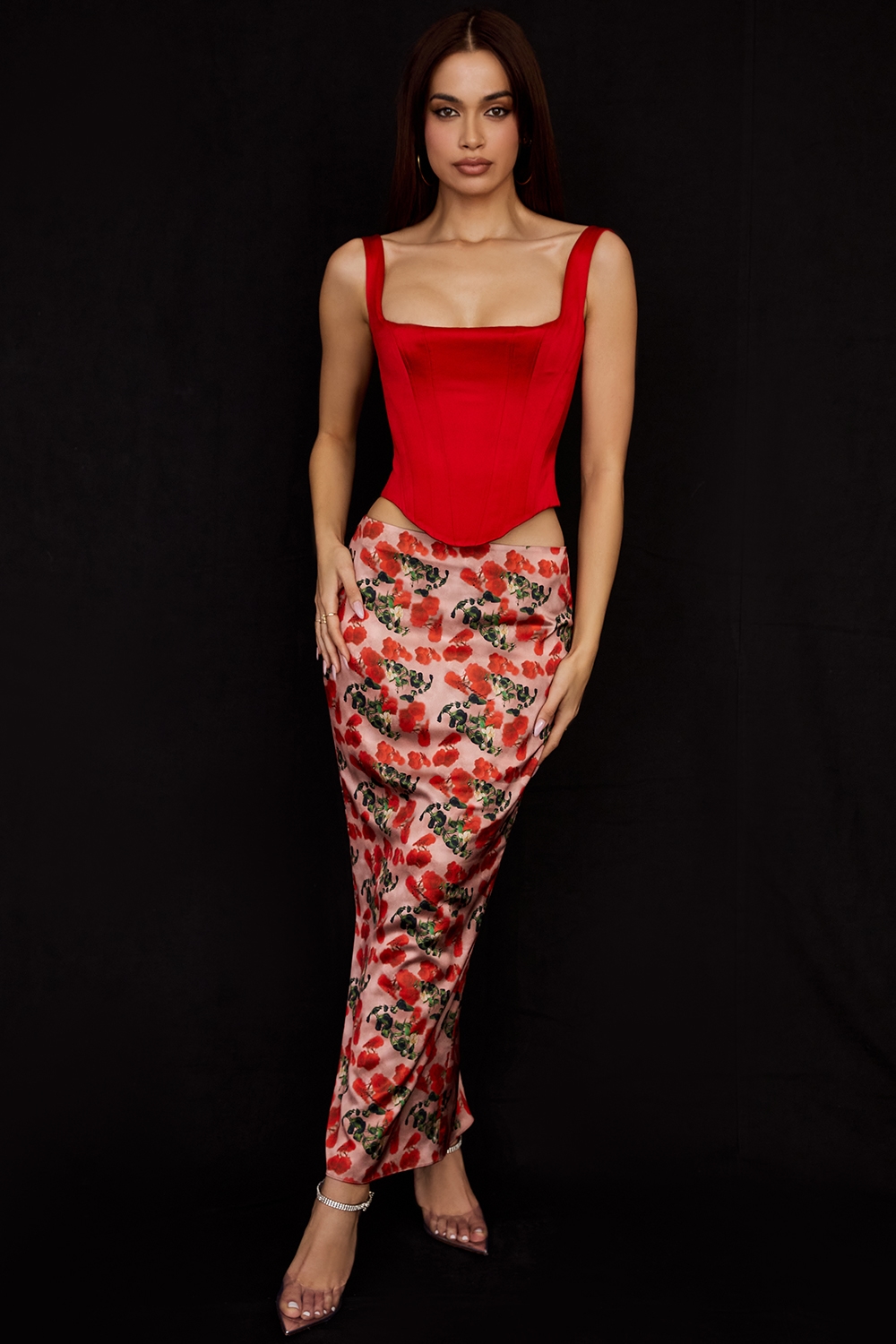 Luisette  Rose Print Satin Midi Skirt — image 5