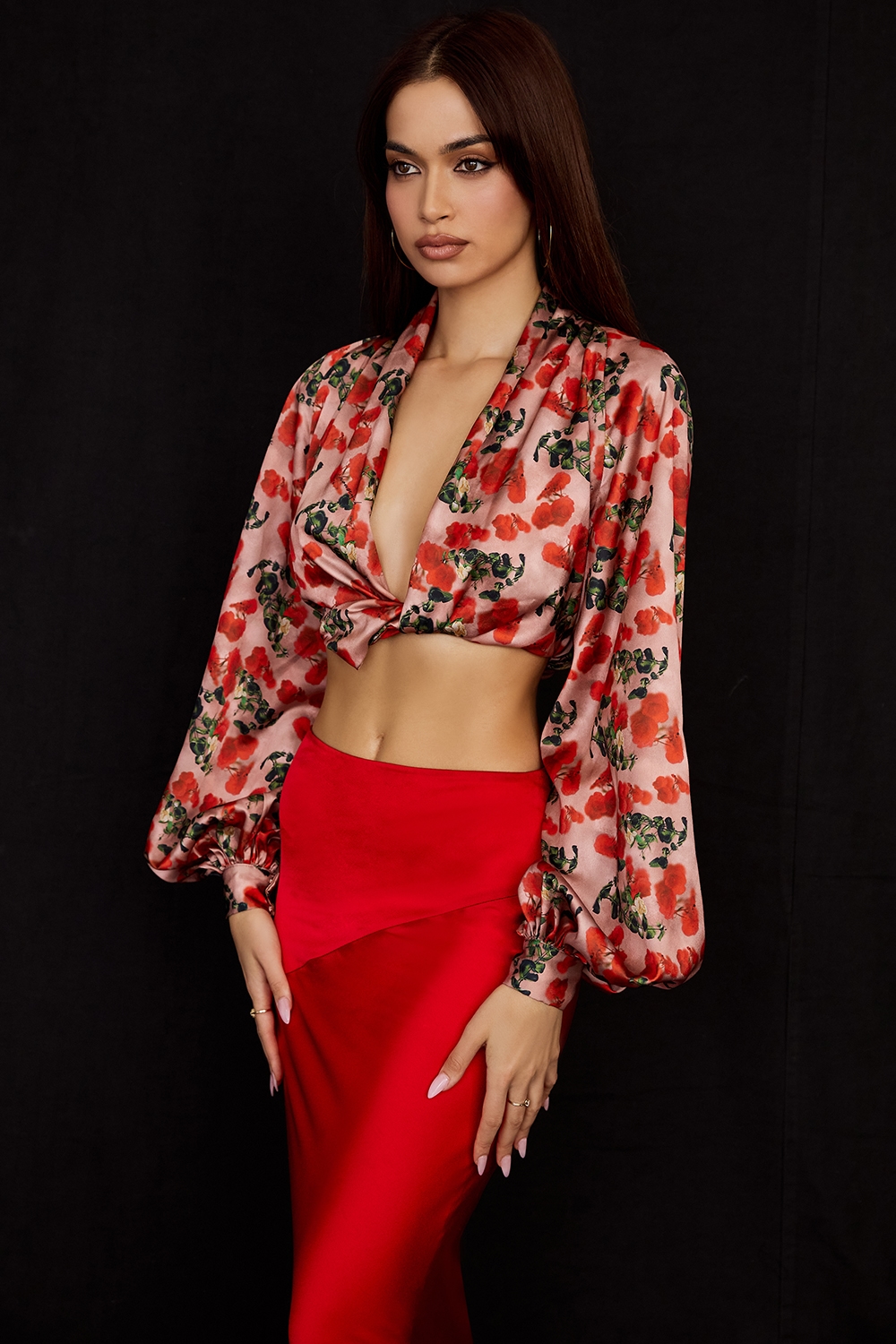 Monica  Rose Print Satin Plunge Top — image 7