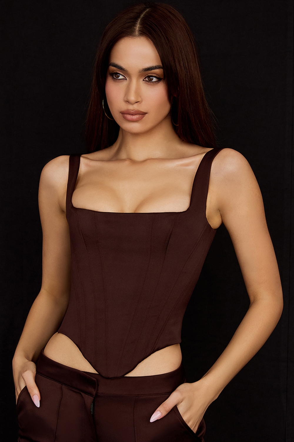 Rafa  Chocolate Satin Longline Corset — image 1