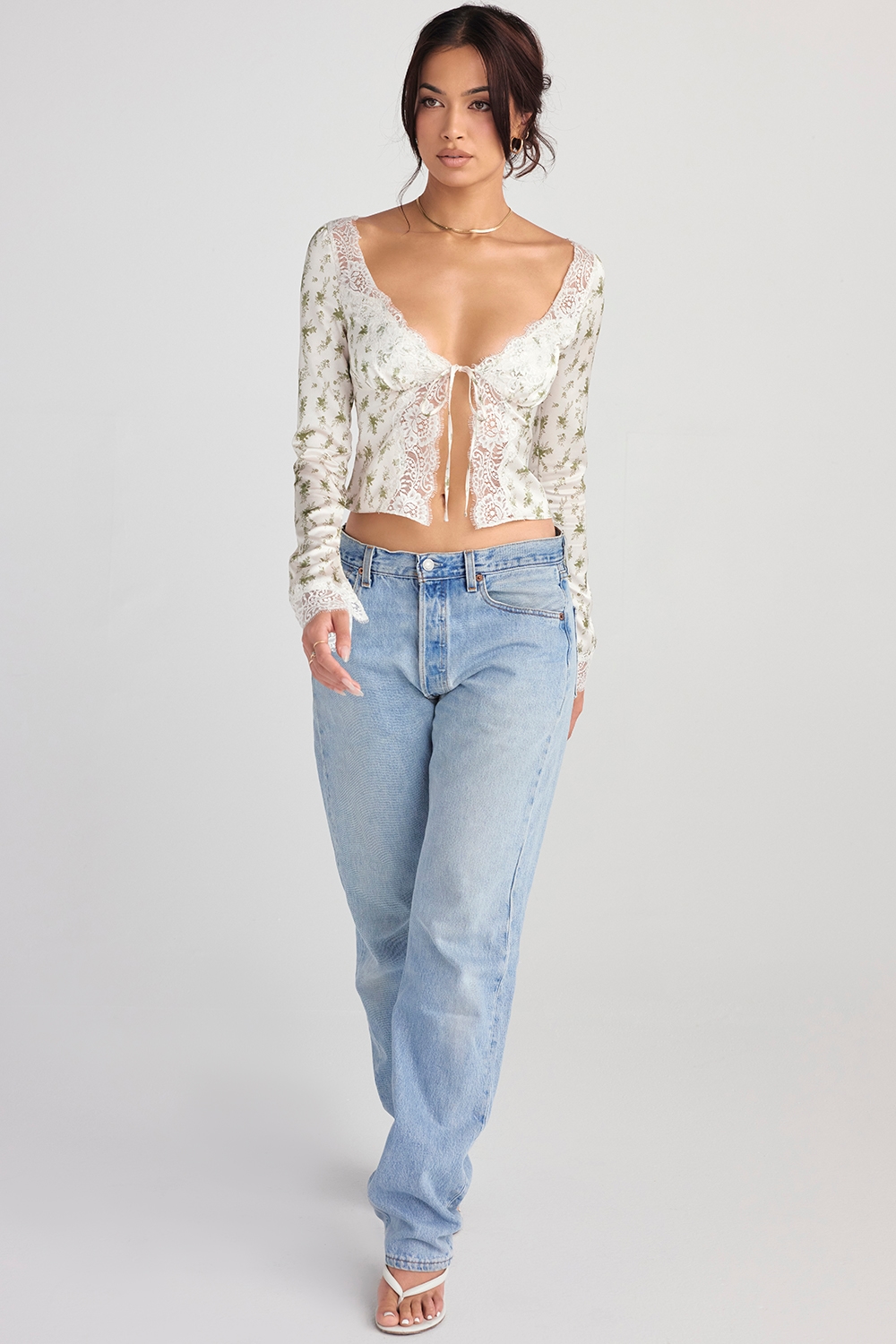 Clarissa  Garden Print Lace Trim Top — image 3