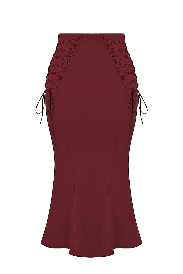 Sidonie  Wine Satin Lace Up Midi Skirt — image 13
