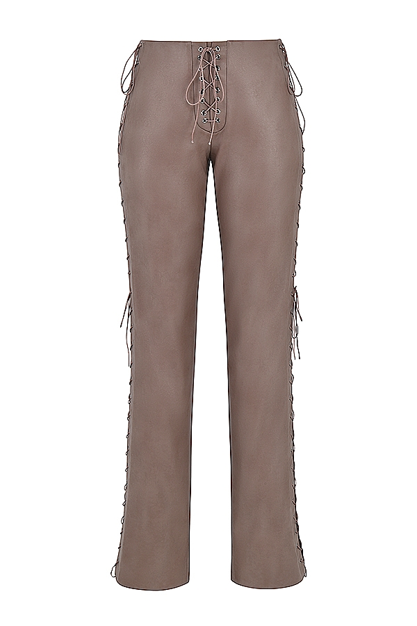 Drew  Mocha Vegan Leather Lace Up Trousers — image 12