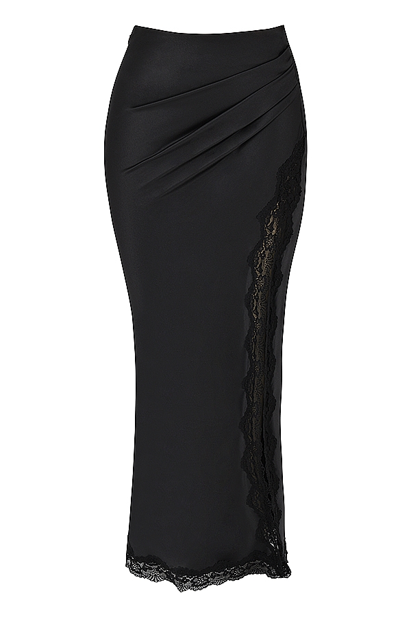 Ruby  Black Satin Lace Trim Midi Skirt — image 9