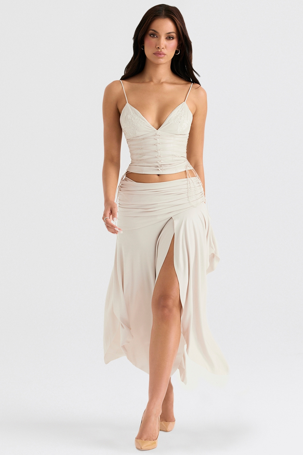 Kaira  Off White Draped Midi Skirt — image 5