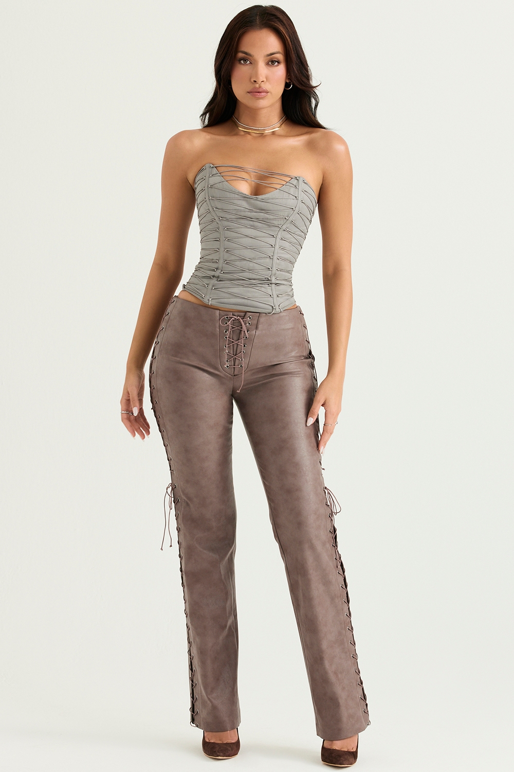 Drew  Mocha Vegan Leather Lace Up Trousers — image 5