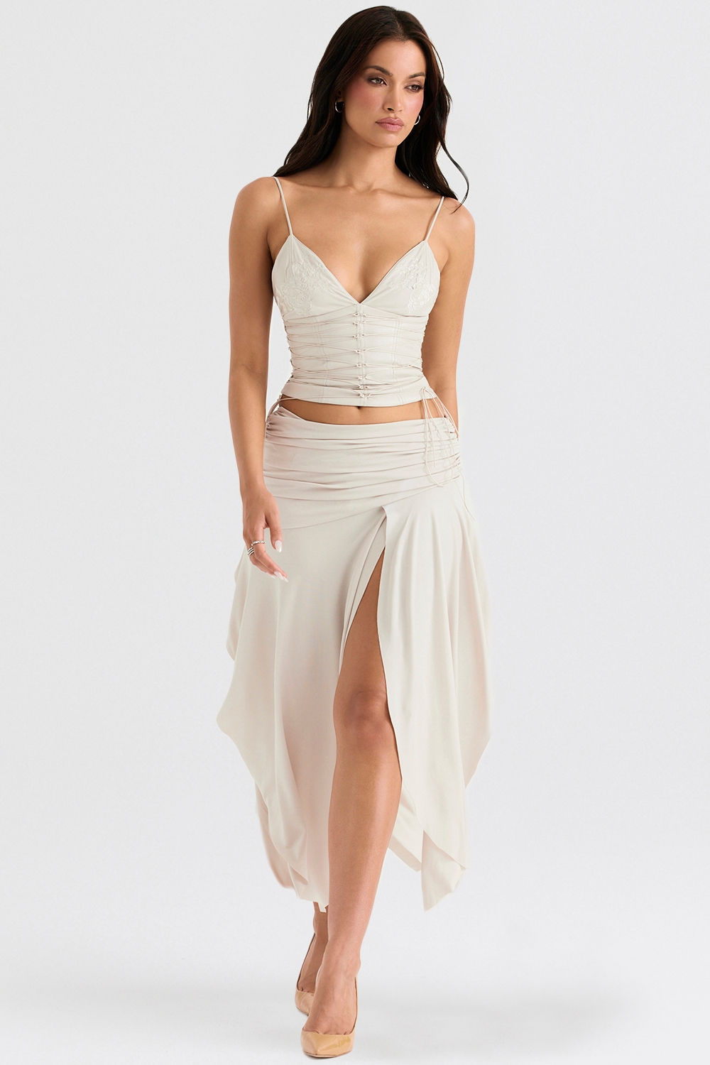 Kaira  Off White Draped Midi Skirt — image 3