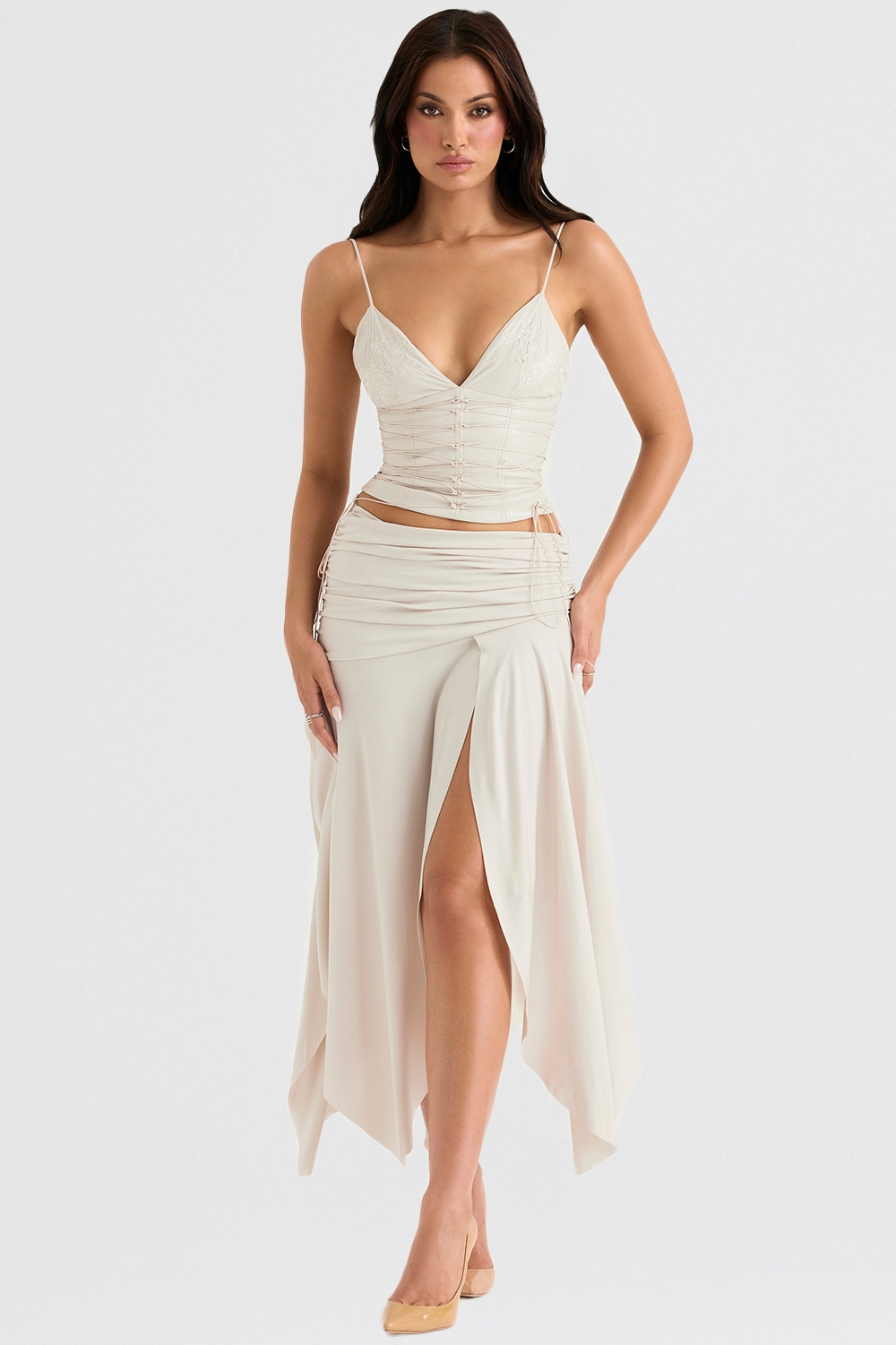 Kaira  Off White Draped Midi Skirt — image 1