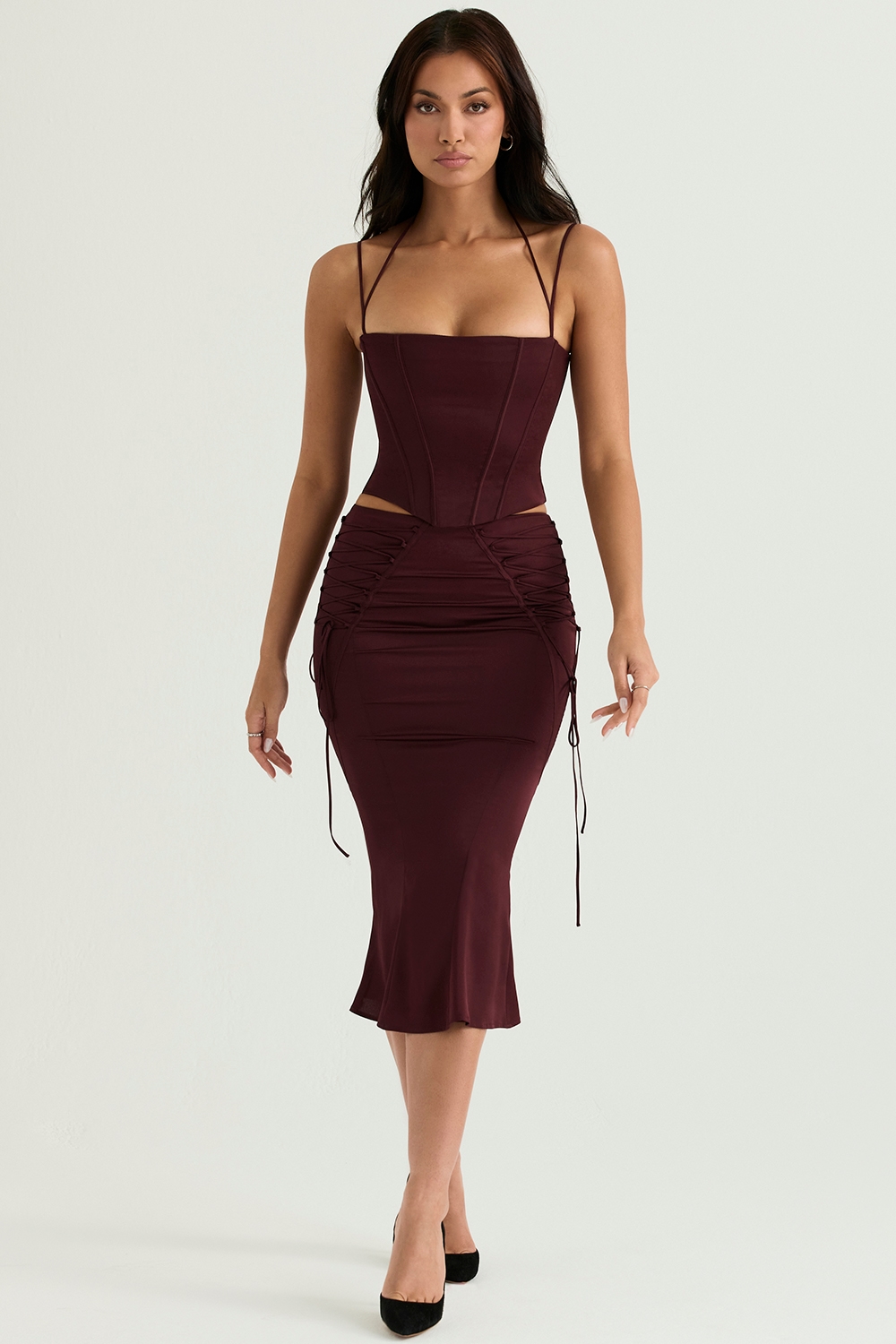Sidonie  Wine Satin Lace Up Midi Skirt — image 3