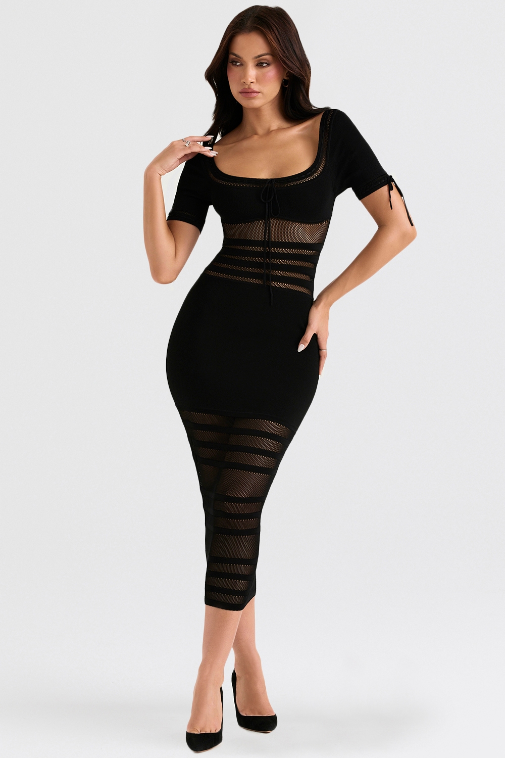 Lilla  Black Openwork Knit Midi Dress — image 5