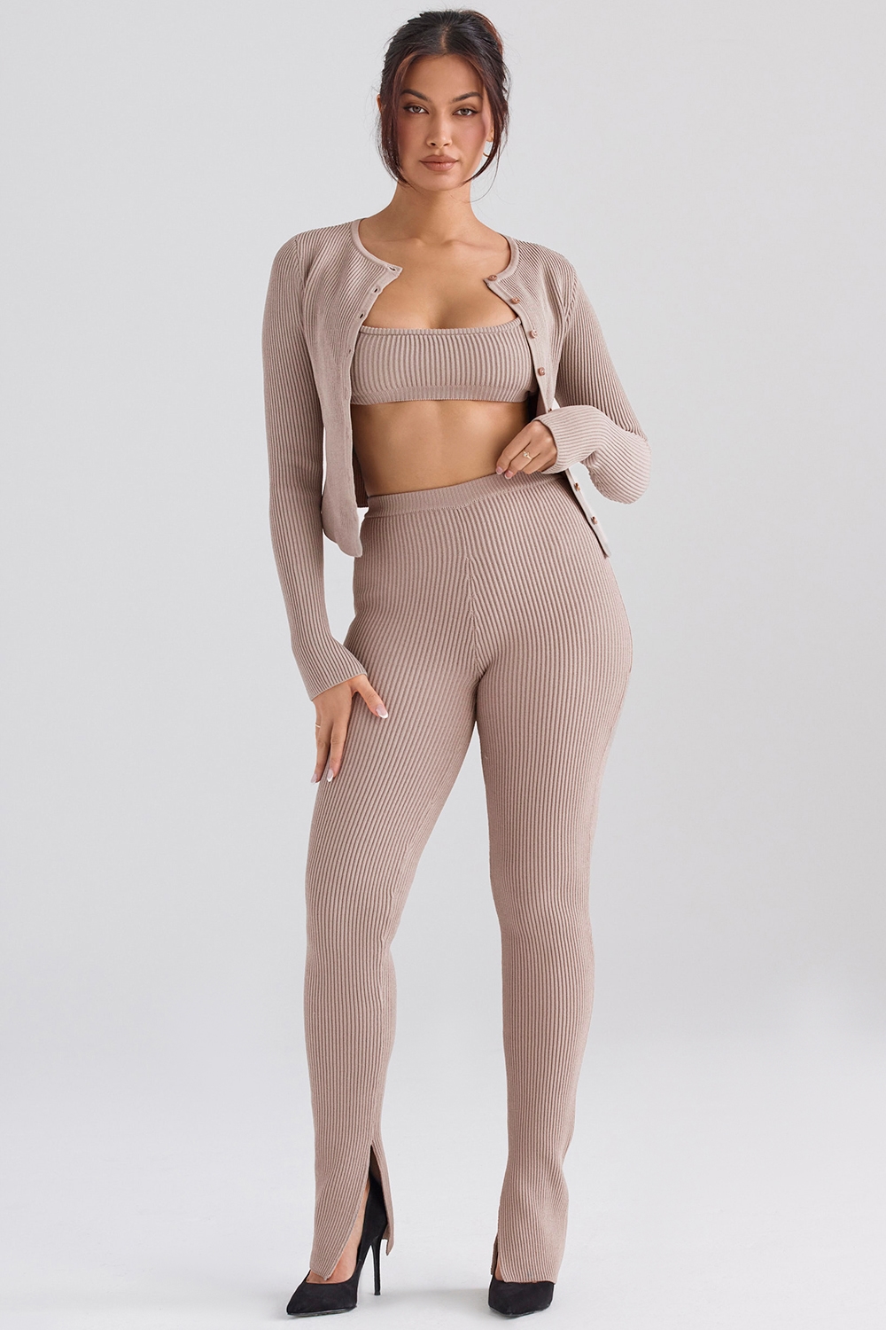 Mitzi  Taupe Ribbed Knit Leggings — image 1