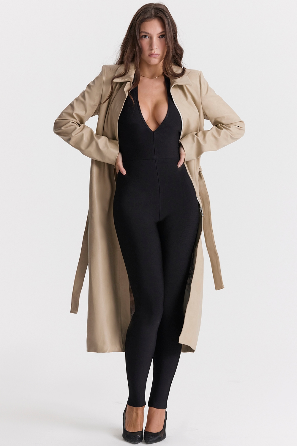 Ariel  Beige Vegan Leather Trench Coat — image 2