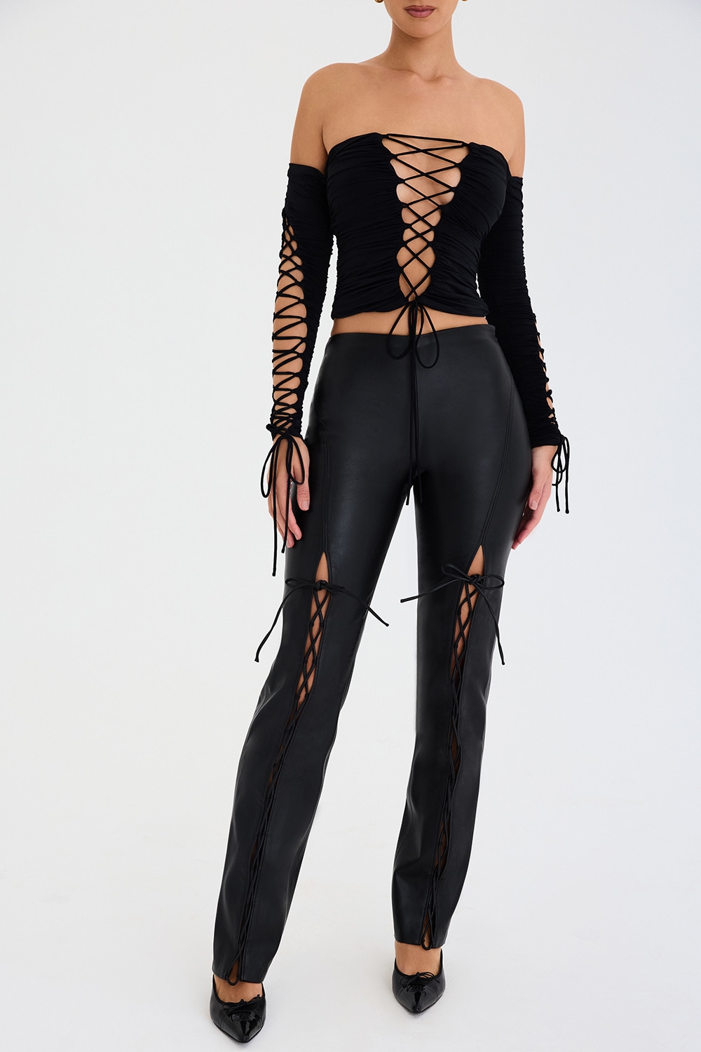 Mistress Rocks Black Vegan Lace Up Trousers - SALE