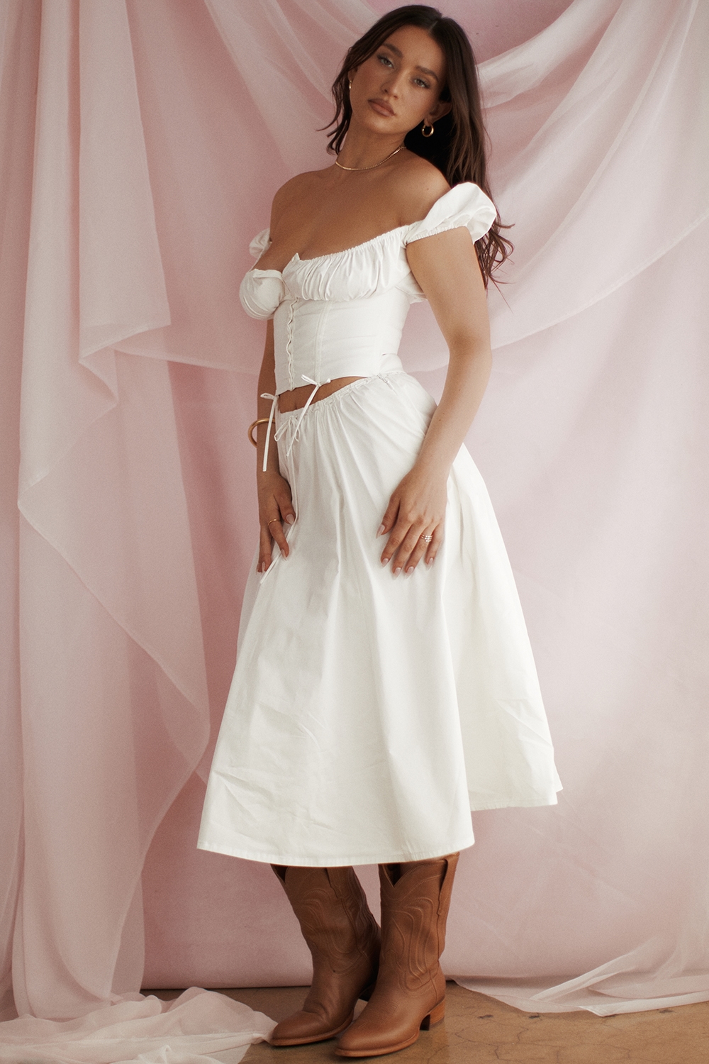 Cora  White Gathered Midi Skirt — image 14