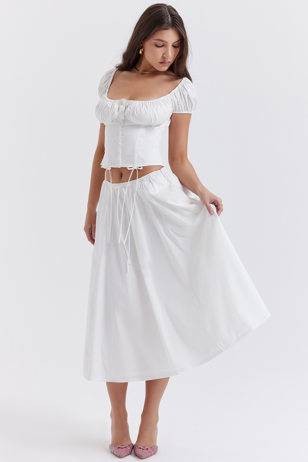 Cora  White Gathered Midi Skirt — image 7