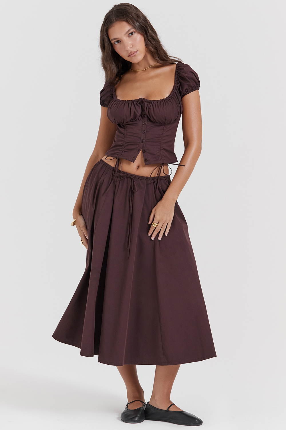 Cora  Rich Brown Gathered Midi Skirt — image 1