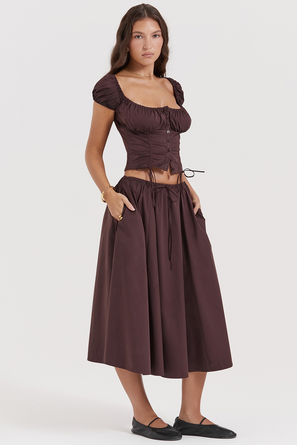 Cora  Rich Brown Gathered Midi Skirt — image 6