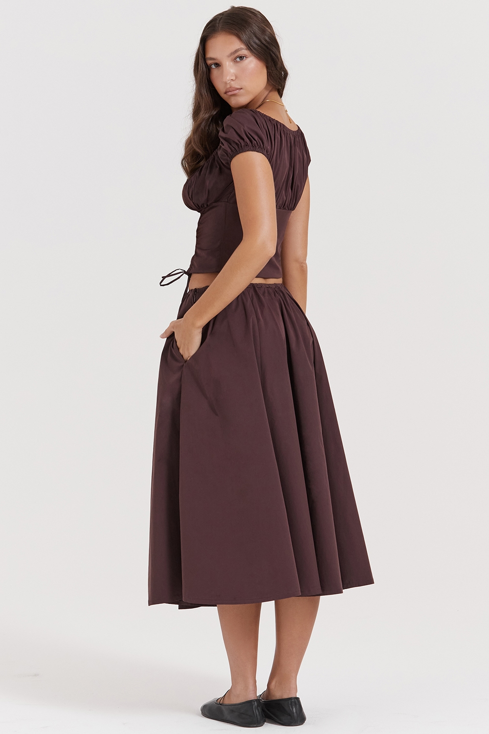 Cora  Rich Brown Gathered Midi Skirt — image 7