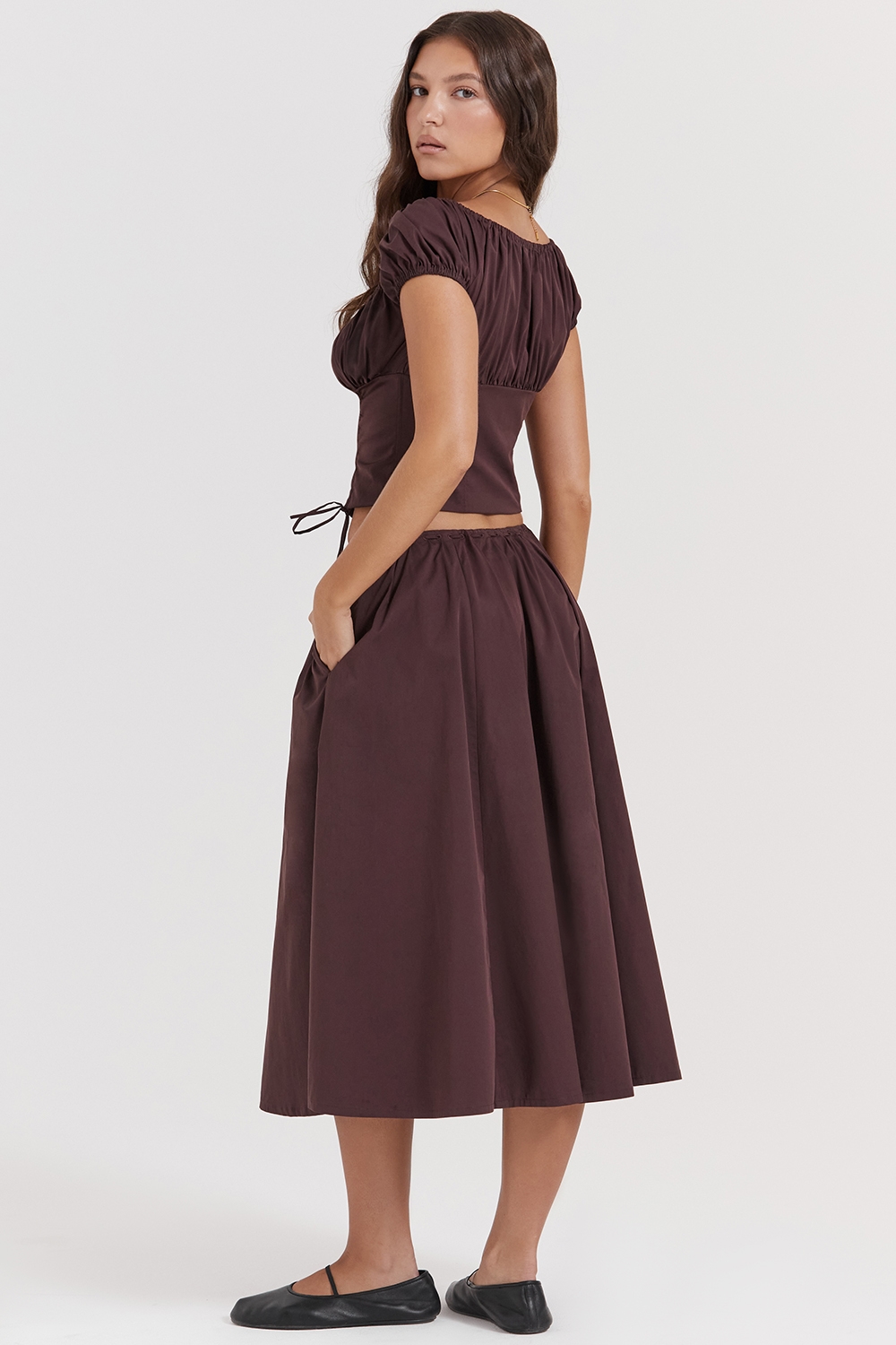 Cora  Rich Brown Gathered Midi Skirt — image 8