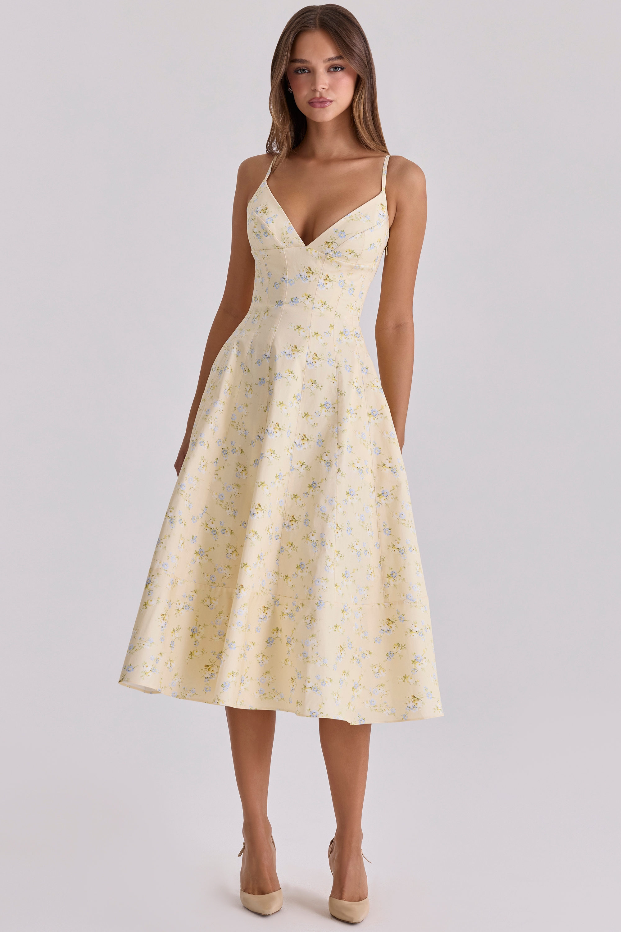 Millie Lemon Floral Print Strappy Cotton Midi Sundress — image 1