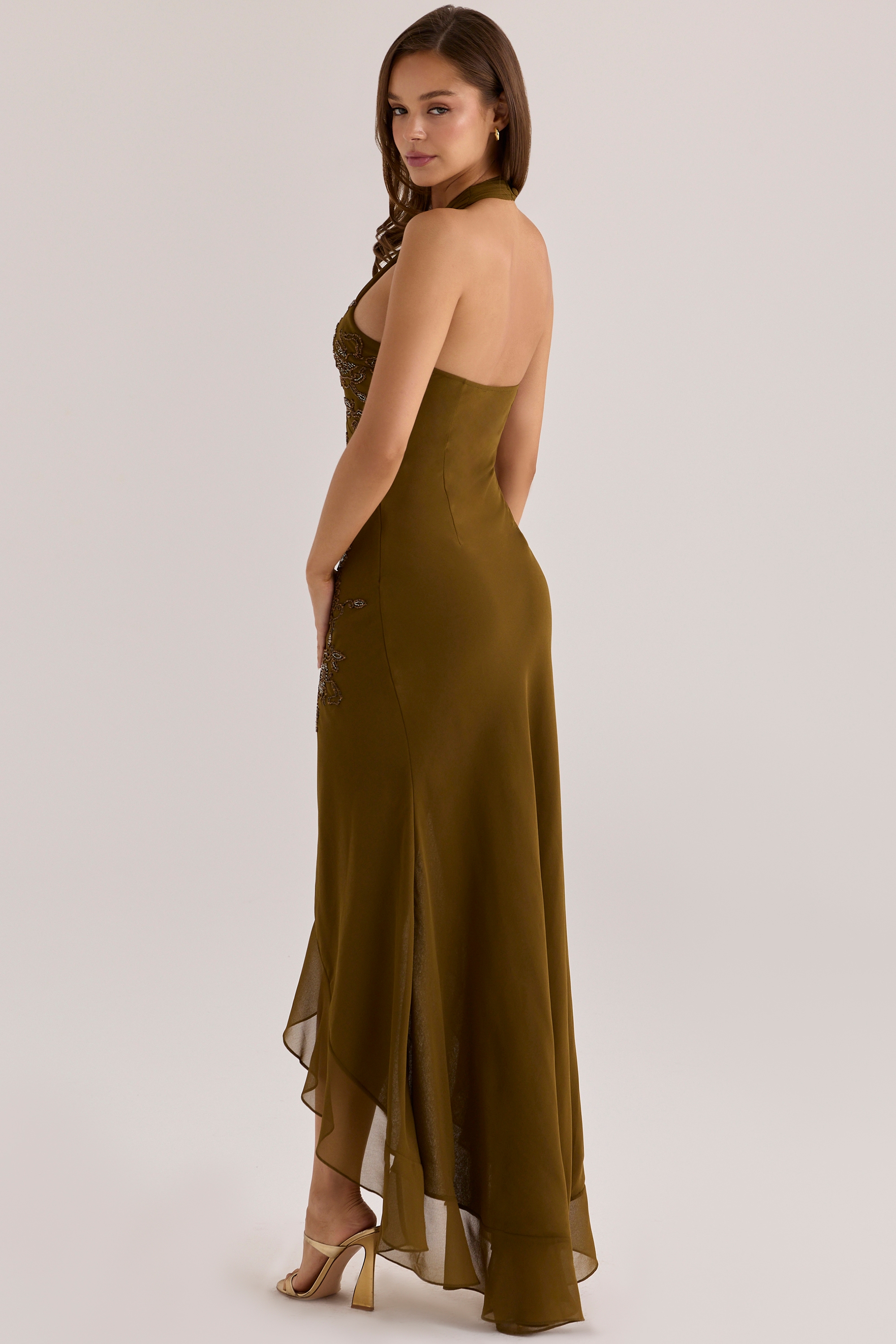 Raquel Bronze Georgette Hand Embellished Beaded Halter Maxi Dress — image 6