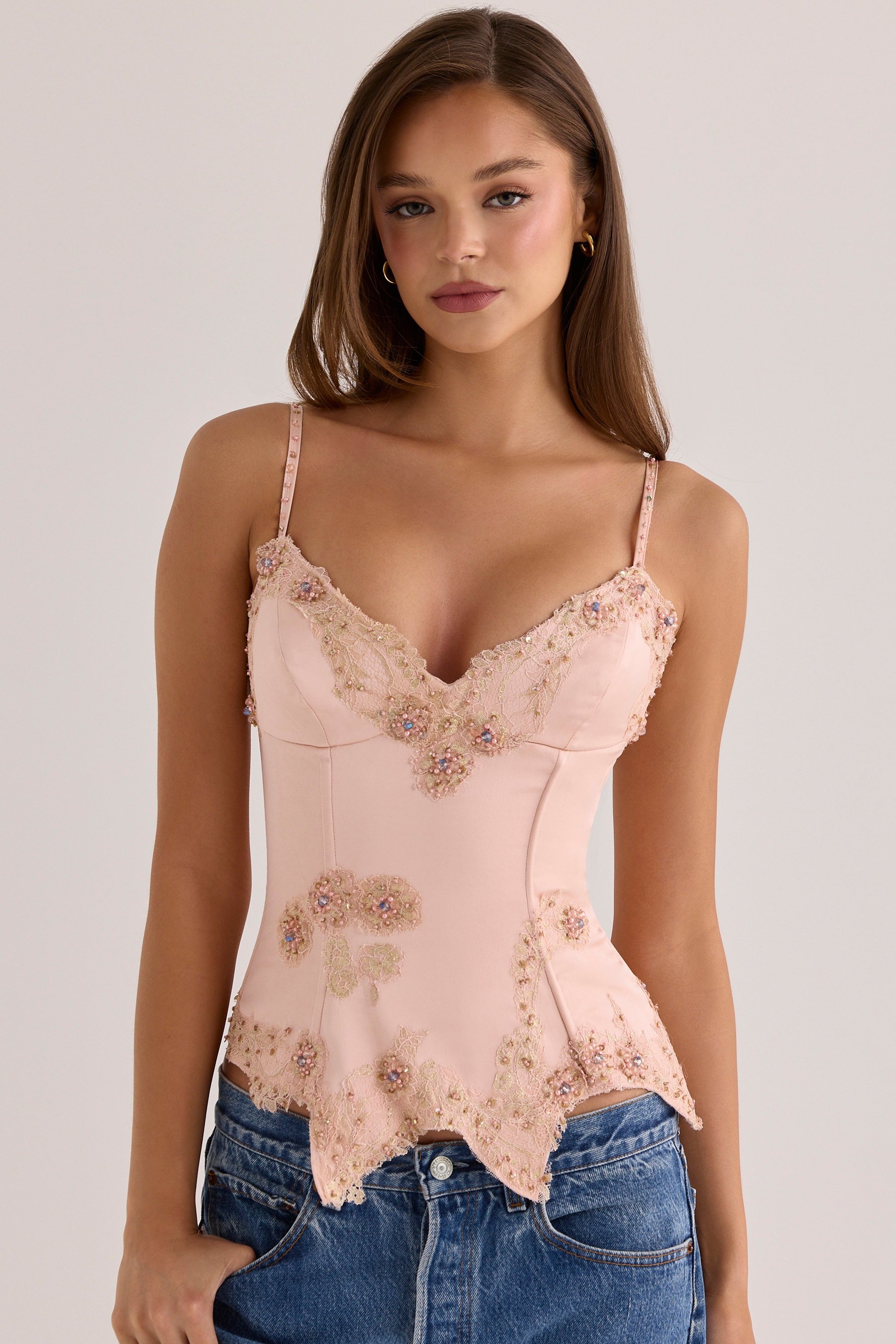 Saloma Blush Satin Custom Hand Beaded Embellished Corset Top - Limited Edition — image 1